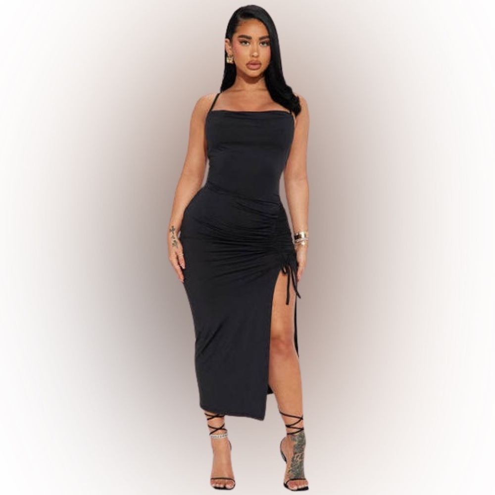 NWT Fashion Nova Sweetest Diva Ruched Maxi Dress | Black | Size Large